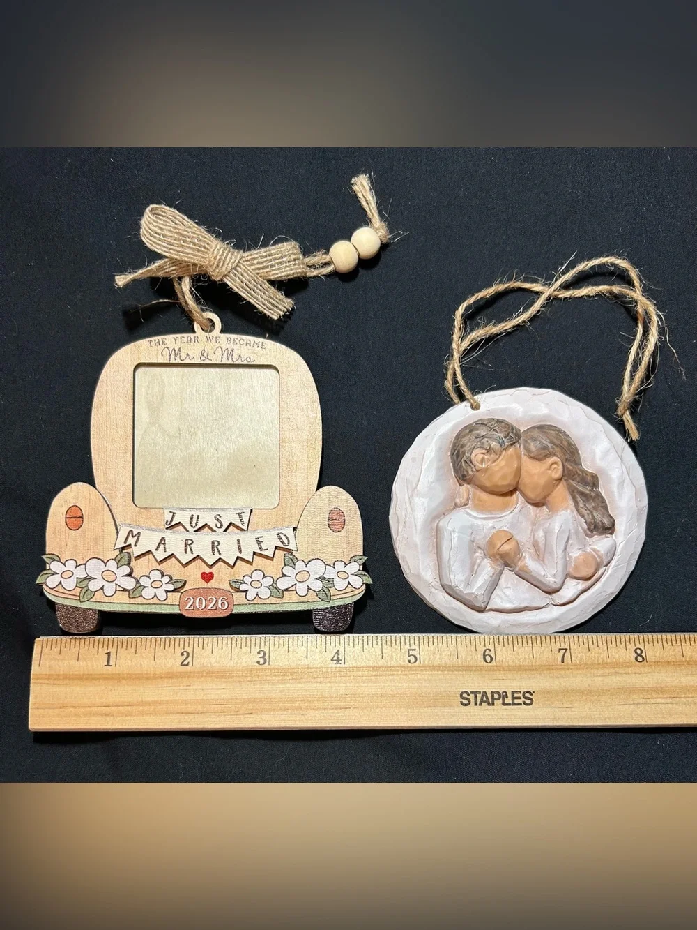Just Married Wooden Ornament Frame in Natural and Cream - Wedding Keepsake